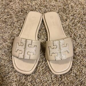 Tory Burch Double T Leather Medallion Slide Sandals